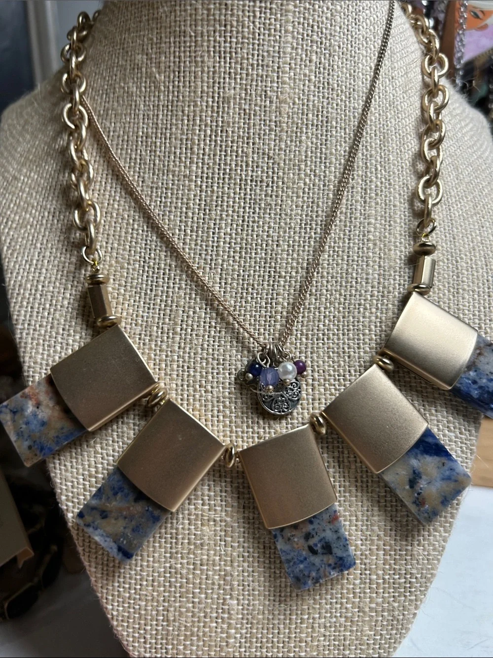 Gold and Blue Stone Statement Necklace - Women Jewelry